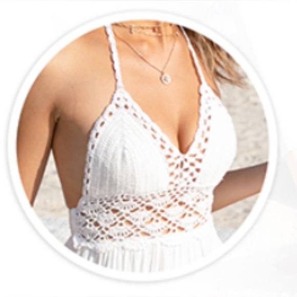 White Crochet Lace Dress with Halter V-neck. Flare Long Maxi Beach Dress. Size S - Picture 5 of 15